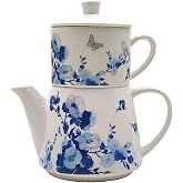 Porcelain Teapots Tea for One Set Natural Scenery Stackable Teapot with Mug | 15OZ Ceramic TeaPot with Cup Set with blooming Plants, birds, and butterflies as Home &amp; Kitchen Tools Idear for Tea Lover