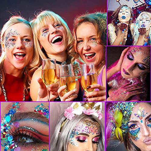 Holographic Chunky Glitter Gel Set - 9 Colors Cosmetic Festival Chunky Glitter for Body, Face, Hair, Nail, Crafts, Eyes, No need Glue for Halloween Party Makeup