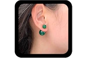 Allereyae Vintage Ball Ear Jacket Earrings Green Ball Stud Earrings Glass Bead Stud Earring Double Side Bead Earring Green Gemstone Stud Jewelry for Women