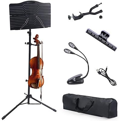 Klvied Sheet Music Stand with Violin Hanger, Portable Folding violin Stand, Foldable Music Stand for Sheet Music, Violin Music Stand with Carrying Bag, Light, Black
