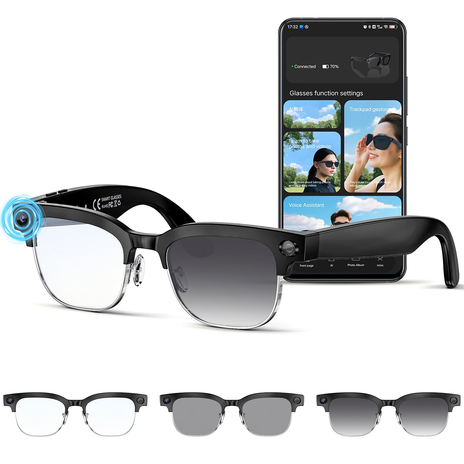 Photo 1 of Mingtawn AI Smart Glasses 4K HD Camera, BT Call, 800W Anti-Shake Camera Glasses with Video Recording Dual Mic, Simultaneous Interpretation/GPT Identify Objects, 270mAh BlueLight Glasses?Photochromic 2