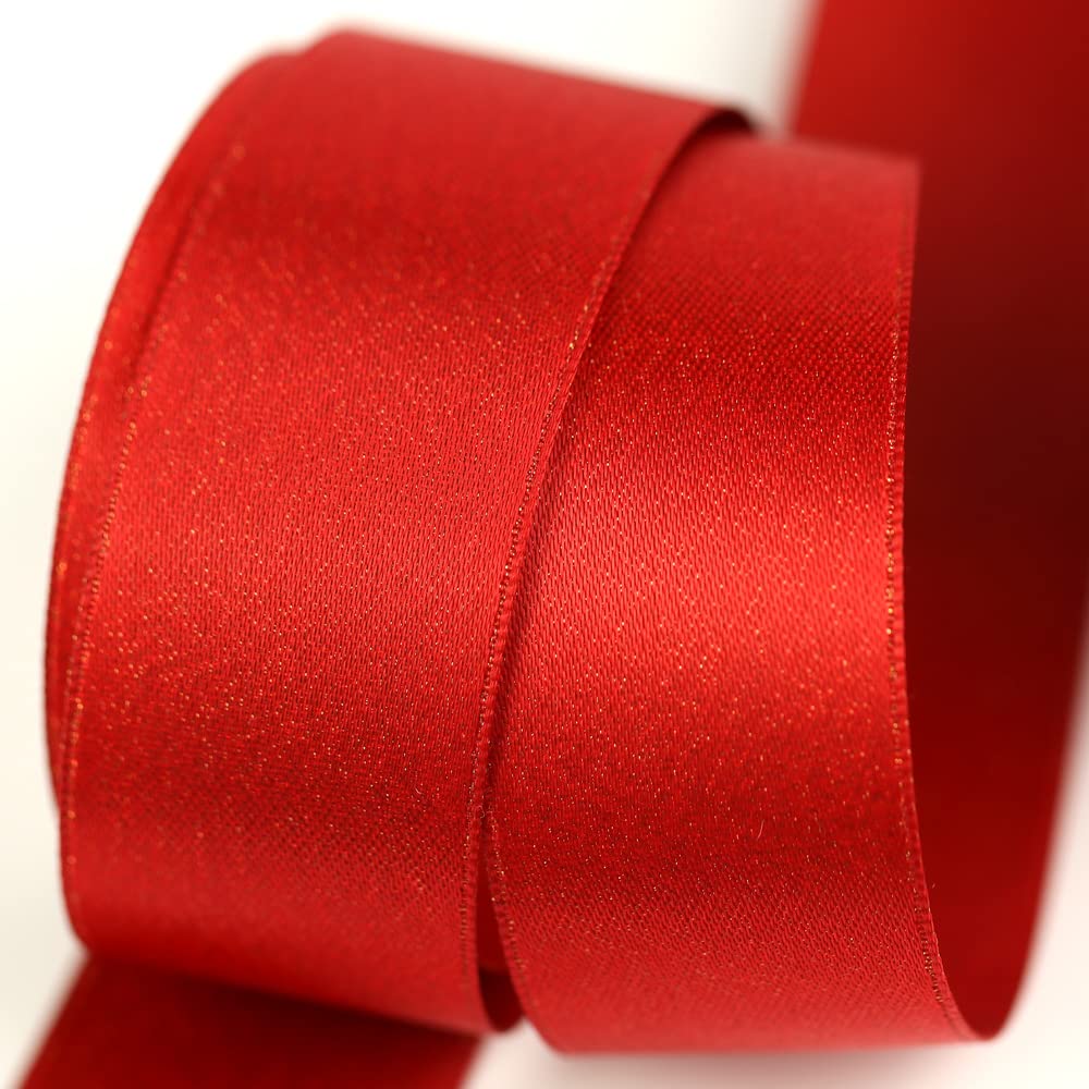 Glitter Satin Ribbon, 5 Metres Solid Colour Ribbon, Shimmer Ribbon for Crafting, Gift Wrapping, Party Festival Decoration, Balloons, DIY Sewing Project, Hair Bows and Cake Decoration (25mm Width, Red)