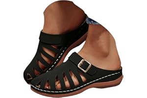 Closed Toe Clogs for Women Leather Slip On Mules Summer Orthopedic Wide Width Slippers Adjustable Buckle Platform Wedge Sanda