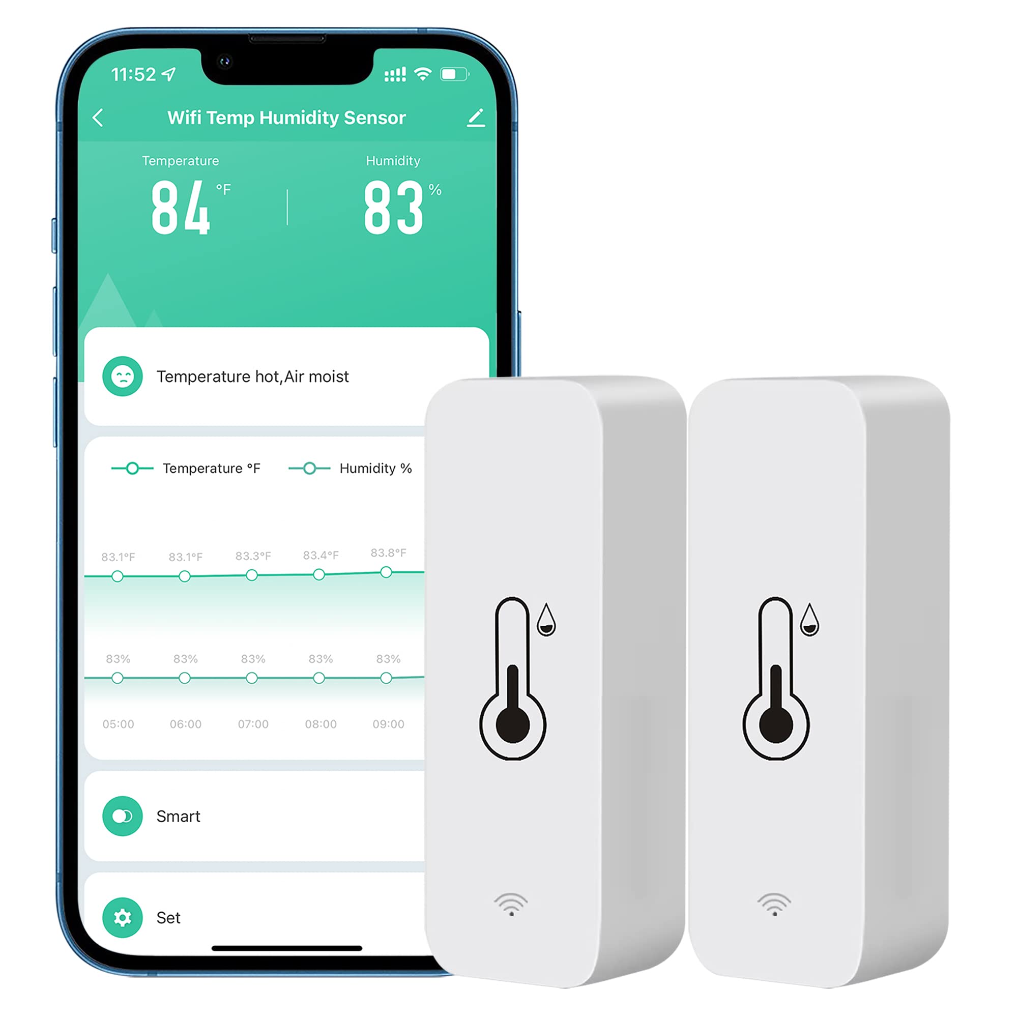 PHOVOLT WiFi Hygrometer Thermometer sensor for home, Indoor Outdoor Wireless Temperature Humidity Sensor Monitor with Remote App Notification Alert, Work with Tuya app, for Home Greenhouse (2-Pack)