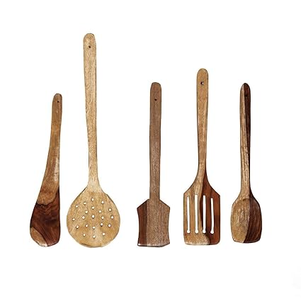 R Crafts Handmade Wooden Non-Stick Serving And Cooking Spoons Kitchen Tools Utensil, Set Of 5