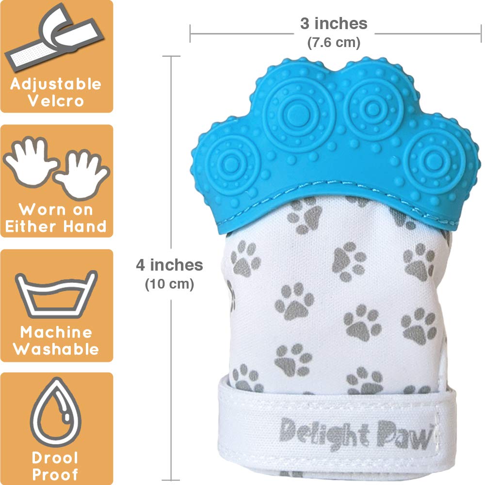 Delight Paw Baby Teething Mitten | Self Soothing Pain Relief | Hygienic Travel Bag | No BPA | Baby Boy/Girl | 3+ Months | Bubbly Blue | 2 Pack