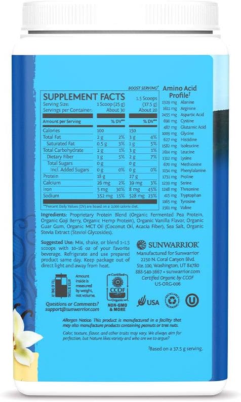 Sunwarrior Warrior Blend Protein, Organic Plant-Based, Vanilla, 1.65 lb (750 g): Health & Personal Care