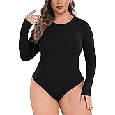Lastshe Plus Size Bodysuit for Women Casual Fall Long Sleeve Crewneck Stretchy Body Suit Tops