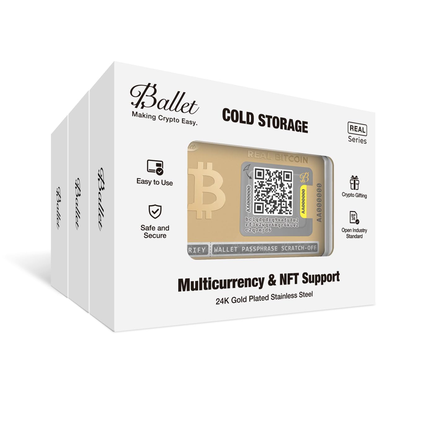 Ballet REAL Bitcoin Gold-Plated 3-Pack Cold Storage Wallet Cards | 24K Gold-Plated Stainless Steel | Split Holdings & Gifting | Non-Electronic | Ballet Crypto App | 1,000+ Coins & NFTs