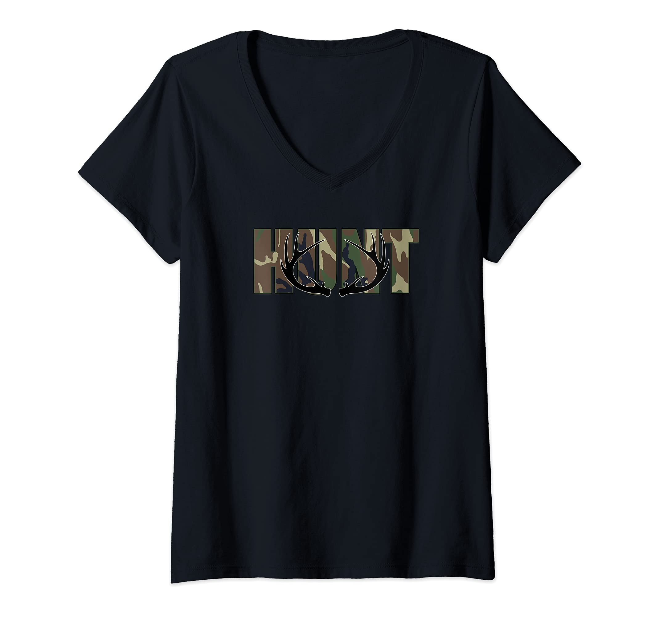 Womens Deer Hunting Camo Hunt Whitetail Buck Antlers V-Neck T-Shirt