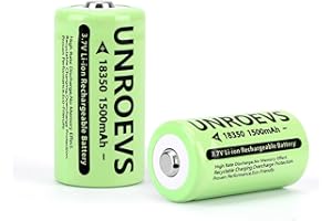 UNROEVS 2 Pack 3.7V 18350 Battery Rechargeable 1500 mAh High Capacity Button Top Li-ion INR 18350 Battery for Flashlight,Headlamp. (Button top)