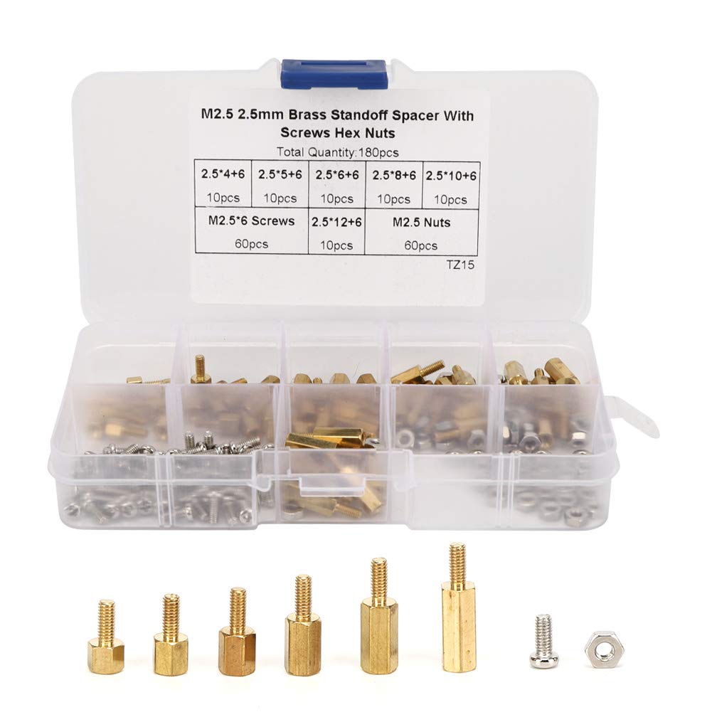 Standoff Set, 180Pcs M2/2.5/3 Standoff Set 1-Way Carbon Steel Screw Nuts Fasteners Assortment Kits with Box Fasteners for, Hardware Spacers (M2.5)