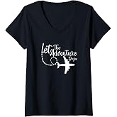 Womens Let The Adventure Begin inspirational Airplane Travel Mode V-Neck T-Shirt