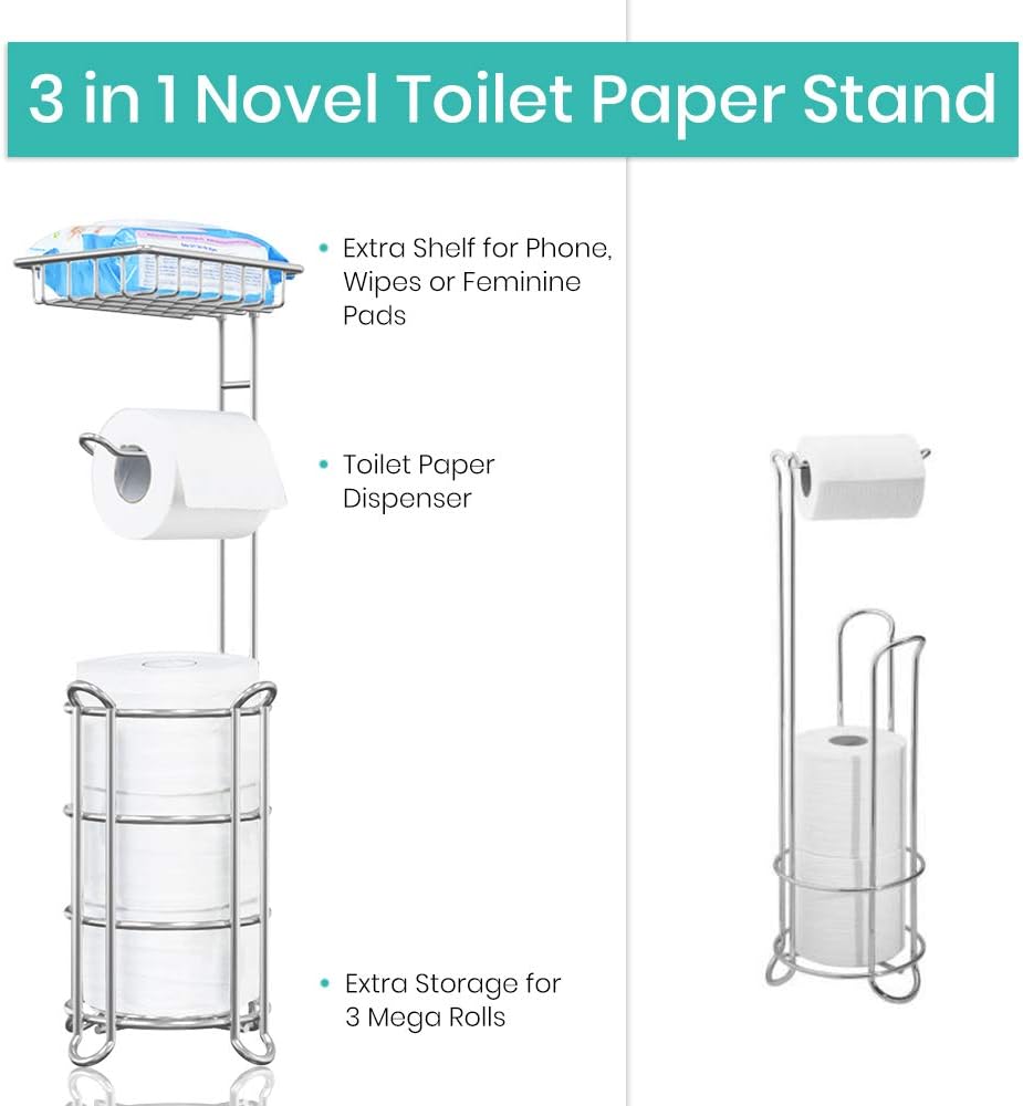 TreeLen Toilet Paper Holder Stand Toilet Tissue Roll Holder with Shelf for Bathroom Storage Holds Phone/Wipe/Mega Rolls-Shiny Chrome - - 