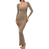 Buauty Women's Bodycon Maxi Dresses, Ribbed Square Neck Long Dress, Fall Long Sleeve Lounge Dress for Women