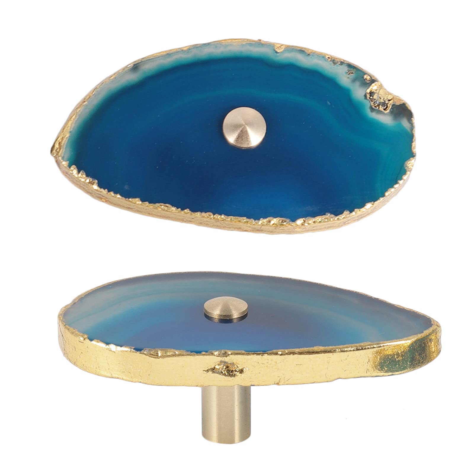 Nupuyai 2pcs Gold Plated Blue Agate Slice Cabinet Knobs Set with Screws, Irregular Vintage Stone Agate Drawer Pulls Dresser Handle for Wardrobe Kitchen