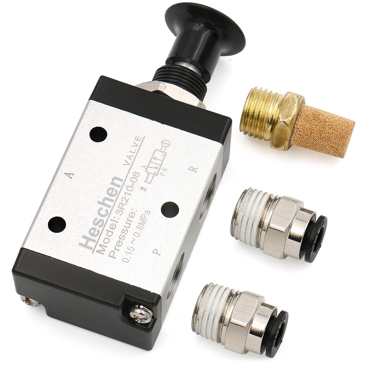 Heschen Pneumatic Air Valve, 3R210-08, 3 Way 2 Position, PT1/4 Port, Air Hand Manual Control with Fittings and Muffler - Image 3