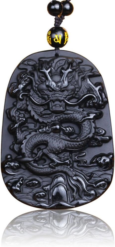 Yiran Fashion Classic Chinese Style Buddha Luck Obsidian/Gold Obisdian Dragon Brave Mans Crystal Stone Pendulum Pendant Necklace with Matching Obsidian Chain