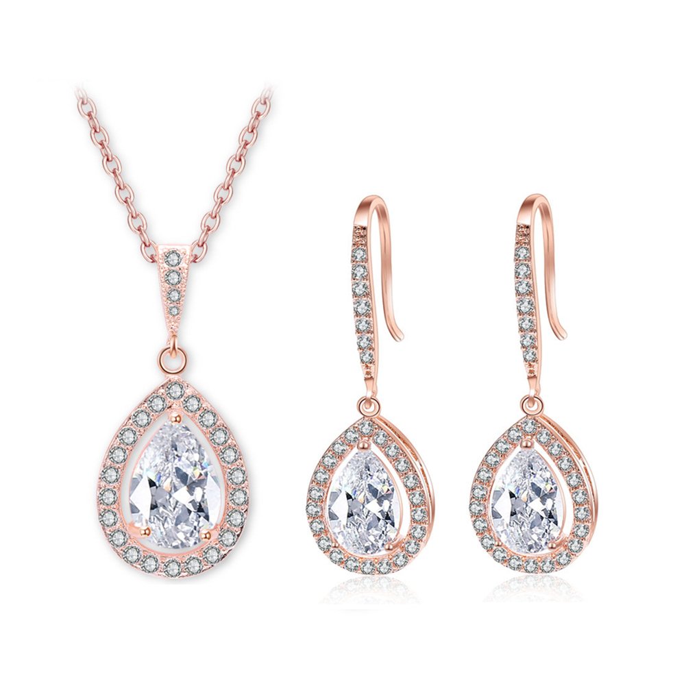 Hanie Jewellery Sets for Women, 18K Rose Gold Plated Necklace Pendant & Dangle Drop Earrings Set, with White Teardrop Cubic Zirconia, Allergy for Wife Girlfriend on Wedding Engagement