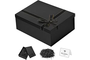 WLUSEAXI Large Gift Box With Lids,13.1x9.8x4.9 Inch Black Gift Box,Gift Boxes With Ribbon Row,Card & Shredded Paper Filler,Rectangle Gift Boxes For Presents,Birthdays,Bridal,Weddings,Christmas