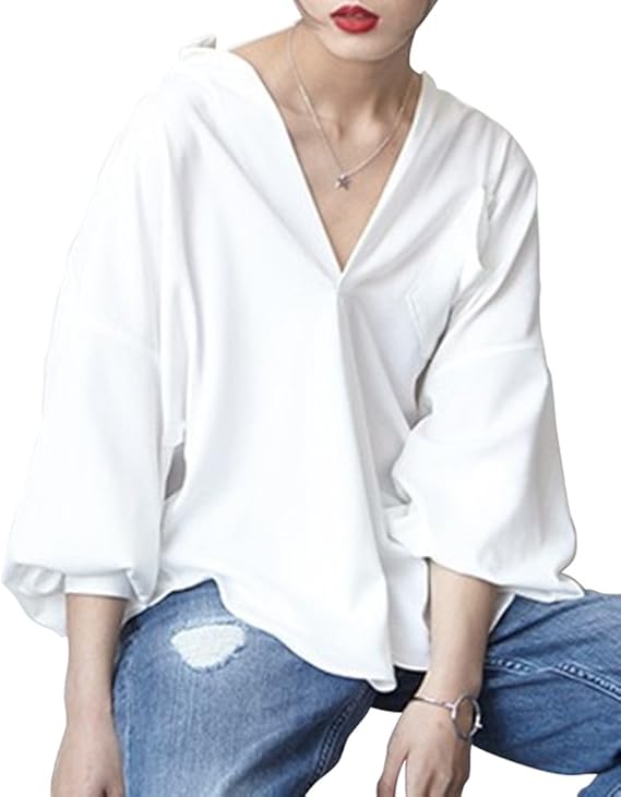Amazon Pua ブラウス シャツ Vネック プルオーバー 抜き襟 無地 バルーン袖 レディース ホワイト 白 シャツ ブラウス 通販