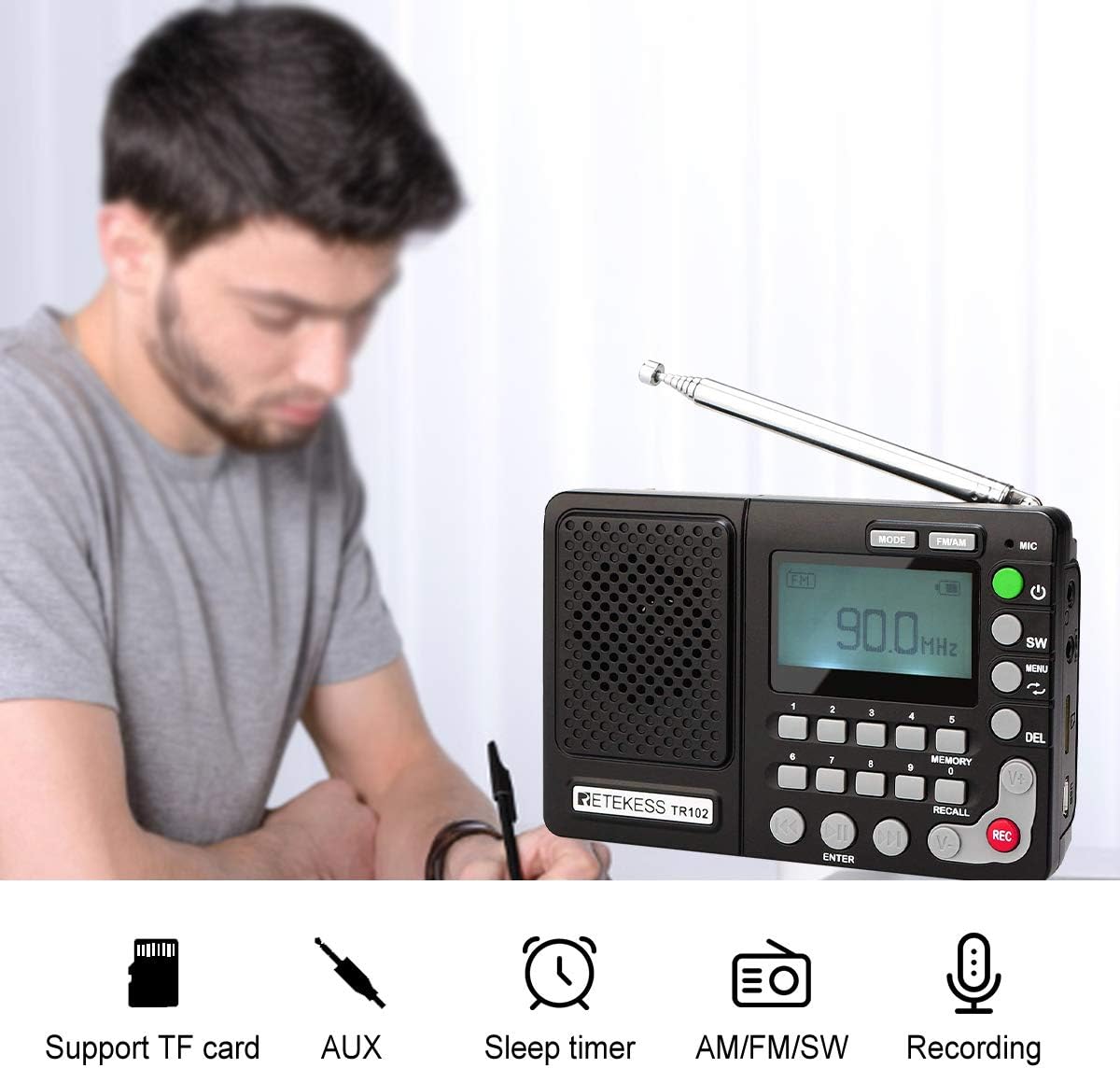 Retekess TR102 Shortwave Radio Portable AM FM Radio MP3 Player Support TF Card Digital Record Sleep Timer and Rechargeable Battery(Black): Home Audio & Theater