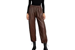 Borniu Women's PU Leather Pants Drawstring Ankle Solid Fashion 2026 Summer Pants Elastic Waist Party Dance Loose Trousers