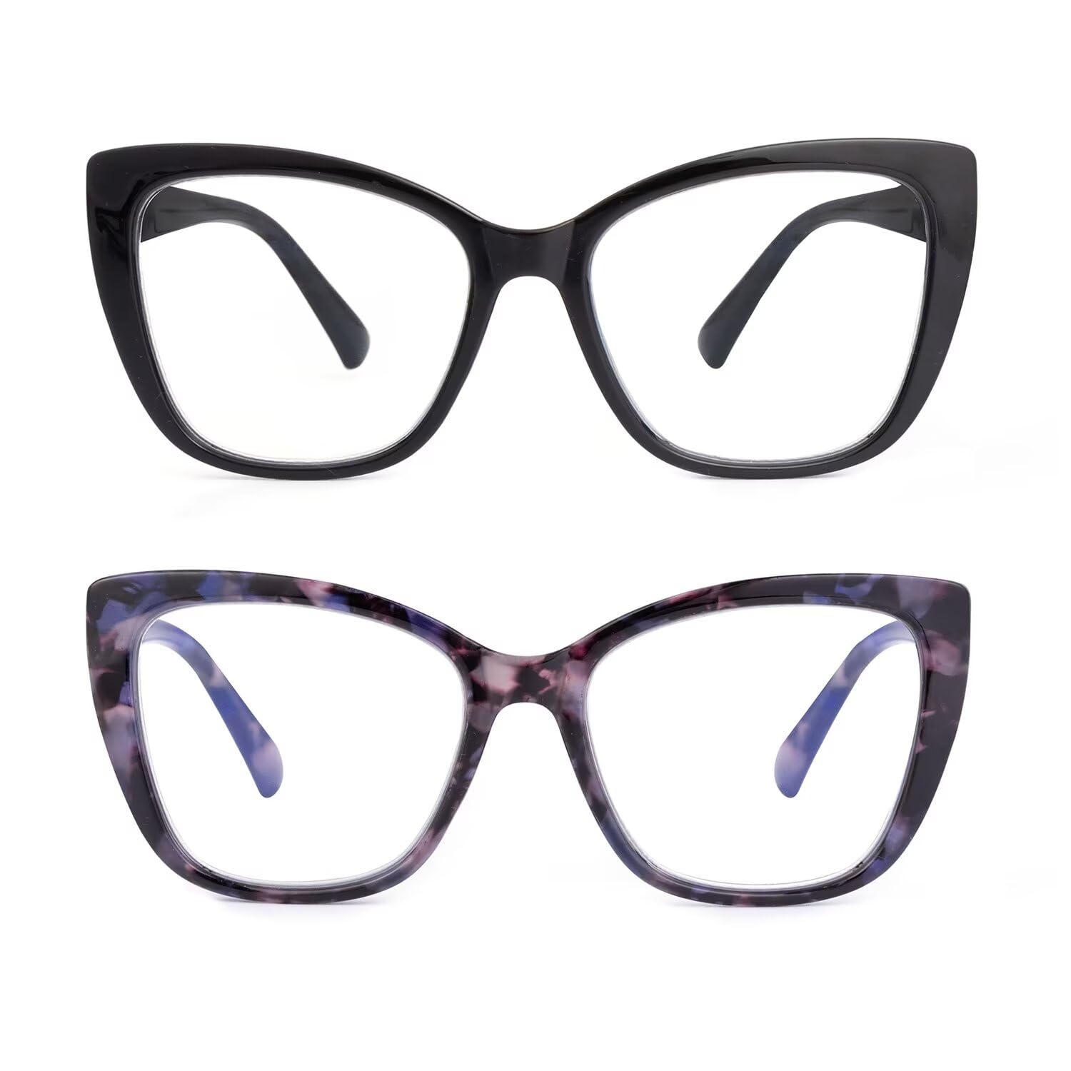 SKYWAY 2 Pack Reading Glasses for Women, Fashion Oversized Blue Light Blocking Computer Readers,Square Cat Eye Frame Ladies Glasses with Spring Hinge,Black+Purple Tortoiseshell +1.5
