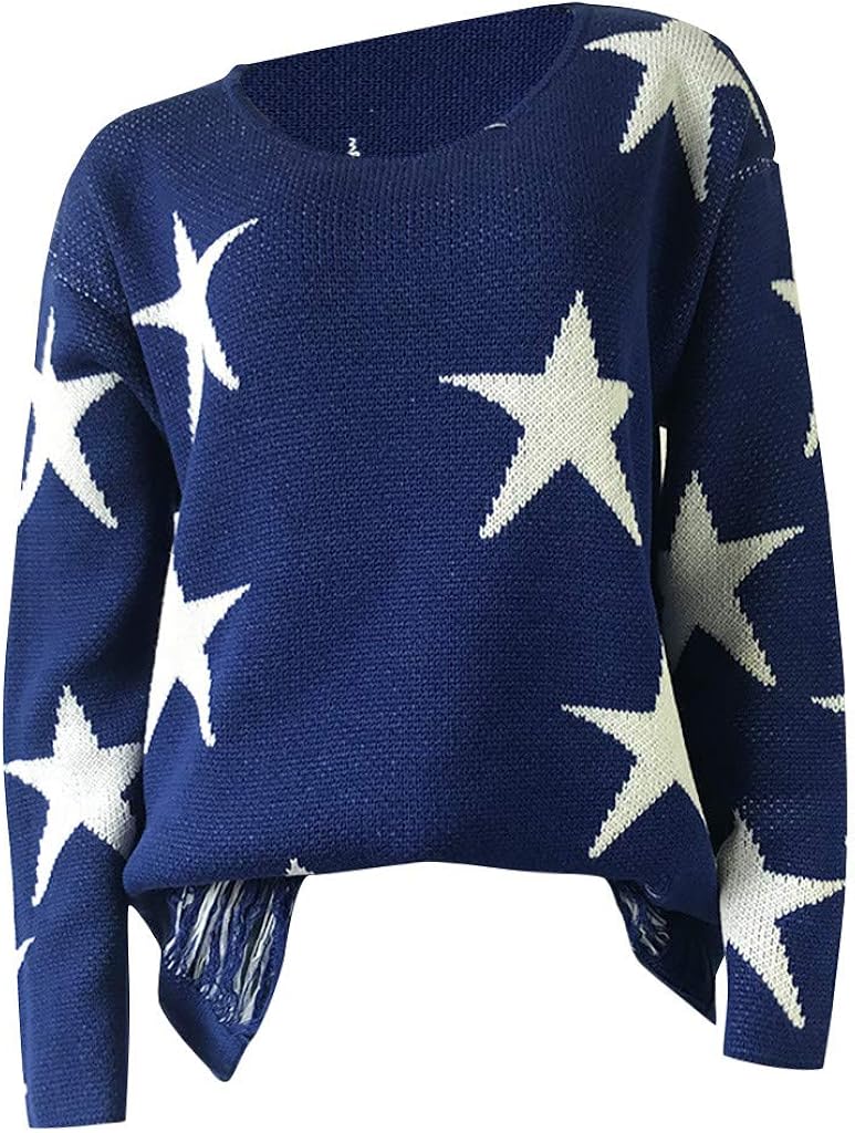 Keepwin Women Five Pointed Star Knitted Sweaters Big Round Neck Long