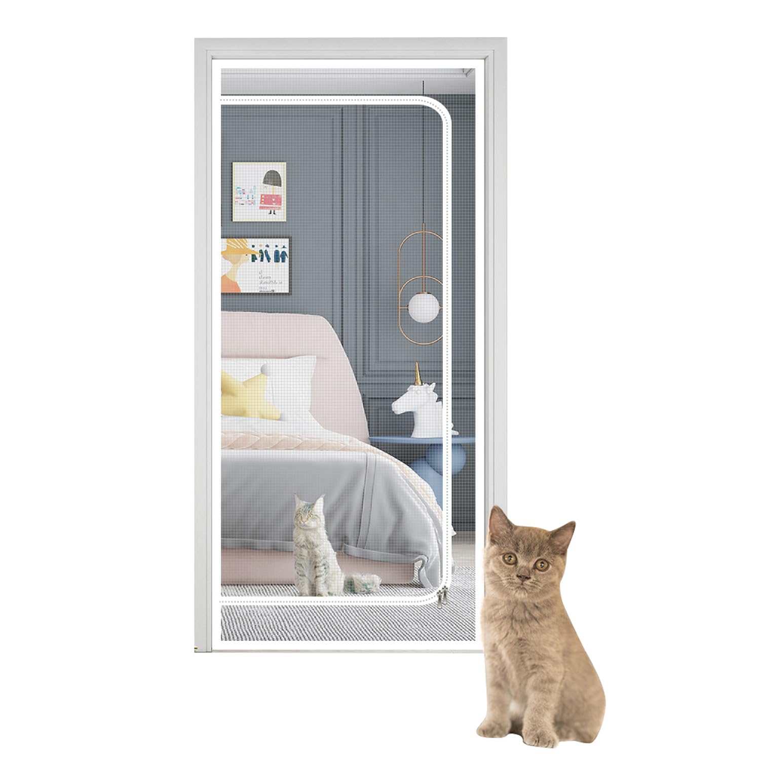 SHRRL Reinforced Cat Screen Door, Heavy Duty Pets Proof Screen Door with Zipper, Prevent Dogs Cats Running out from Home, White (Fits door size：100x220cm)
