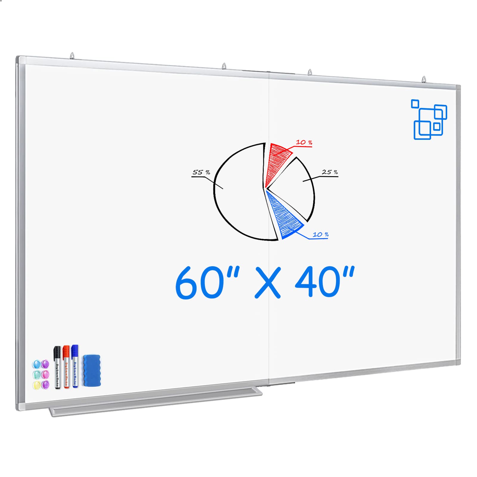 White Board Dry Erase 60x40, Large Magnetic Whiteboard Maxtek Dry Erase Boards for Wall, Aluminum Presentation Wall-Mounted Marker Board with a Long Pen Tray for School, Classroom, Office & Home Image