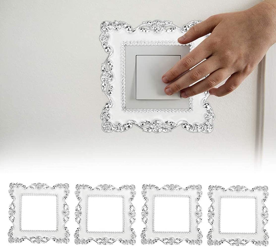 LATRAT Pack of 4 Light Switch Stickers, Luxurious Stickers for Switches, 155 mm/86 mm, Stickers, Luxurious Flower Wall Stickers, Surround Stickers, Cover, Silver Wall Home Decoration, White