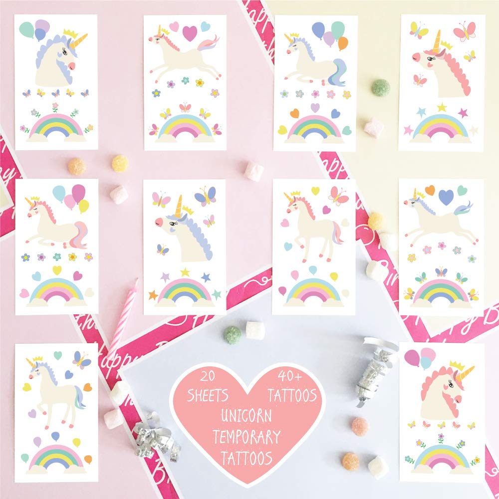 Unicorn Temporary Tattoos for Kids Unicorn Party Bag Fillers, Rainbow Unicorn Transfers Birthday Decorations and Supplies - Non-toxic Waterproof Pack of 20 Sheets - 40+ Fake Tattoos