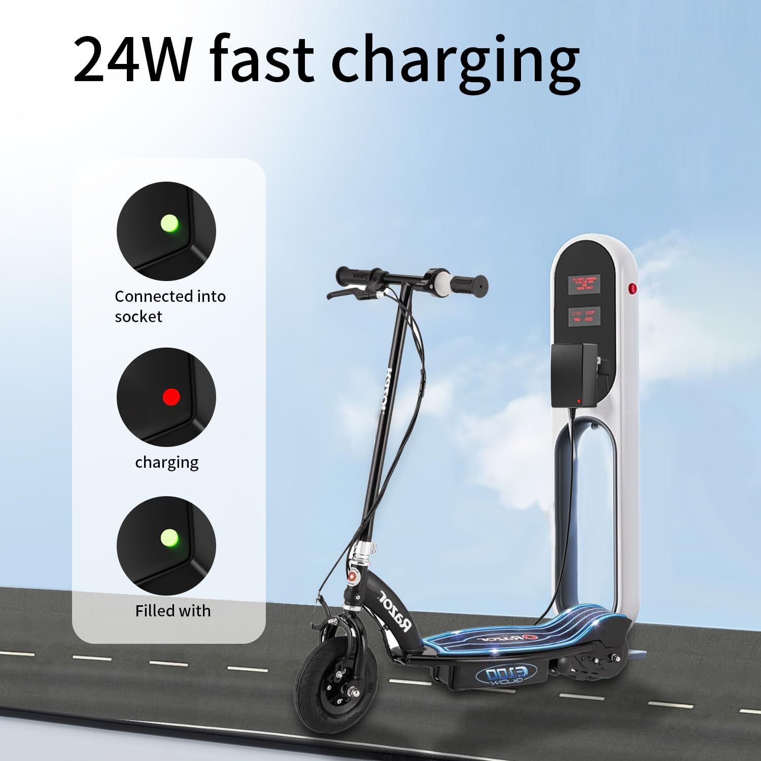 24V 1.5A Replace for Razor MX350 Dirt Bike charger, Electric Scooter Battery Charger Cord for Razor E100 E125 E150 E175 E200 E300, MX400 Dirt Rocket, Dirt Quad, Pocket Mod, Motorcycle, 3-Prong Adapter