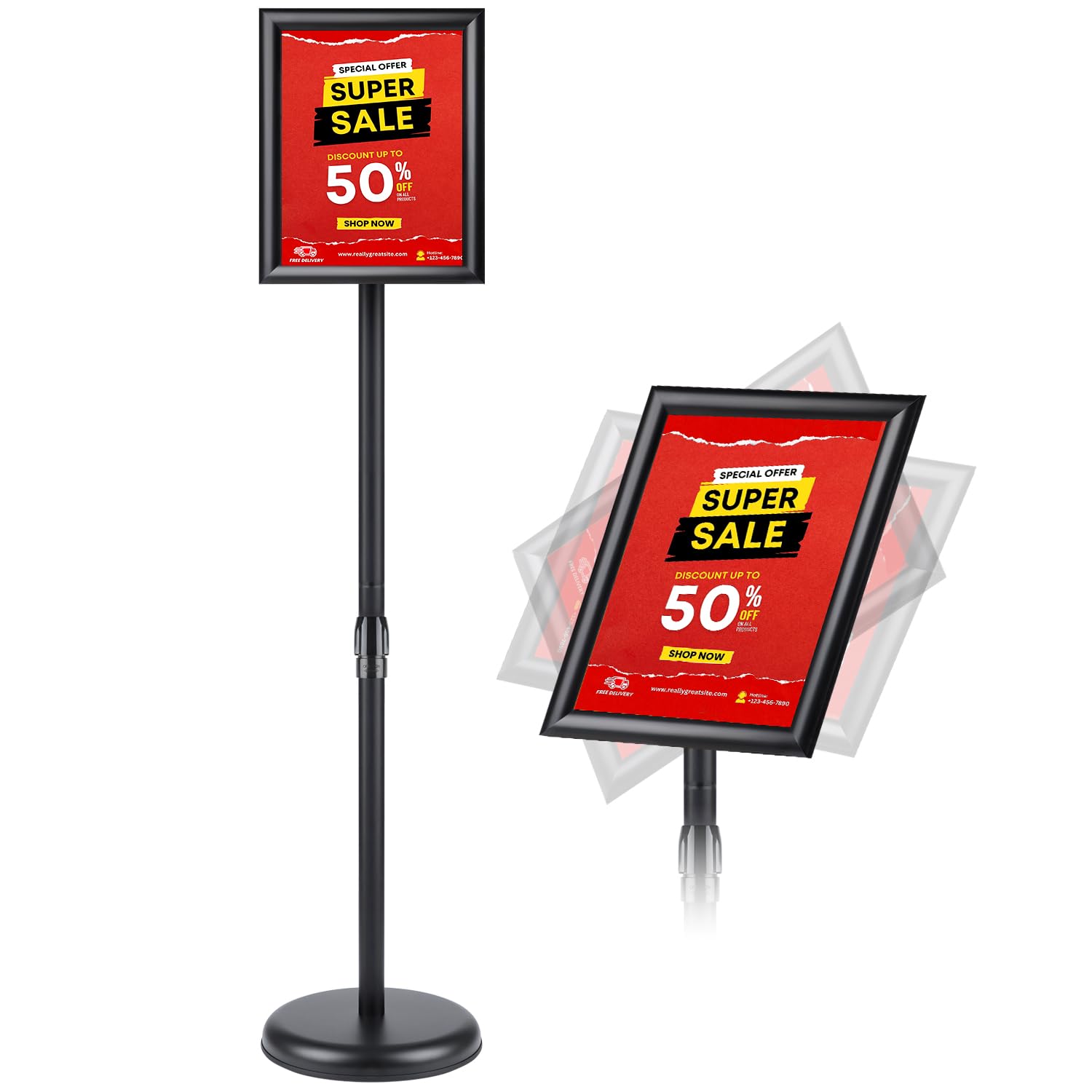Photo 1 of RedChili Sign Holder Stand 8.5x11 Inch, Adjustable Floor Standing Sign Holder Signage Stand with Aluminum Snap-Open Frame Vertical Horizontal View Display For Malls Schools Restaurants (Black, Sharp Corner)