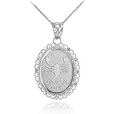 Fine 14k White Gold Filigree-Style Oval Frame Scorpio Zodiac Sign Pendant Necklace