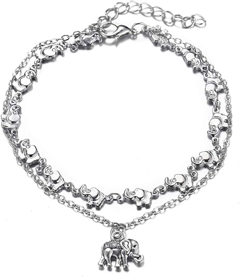 2Pcs Creative Elephant Anklet Animal Tassel Anklet Multilayer Charming Accessory For Women(Silver color)