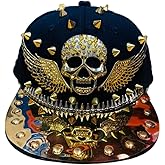 Hip Hop Hat, Flat-Brimmed Hat, Rock Cap Skull Cap with Rivets, Adjustable Hat for Men and Women