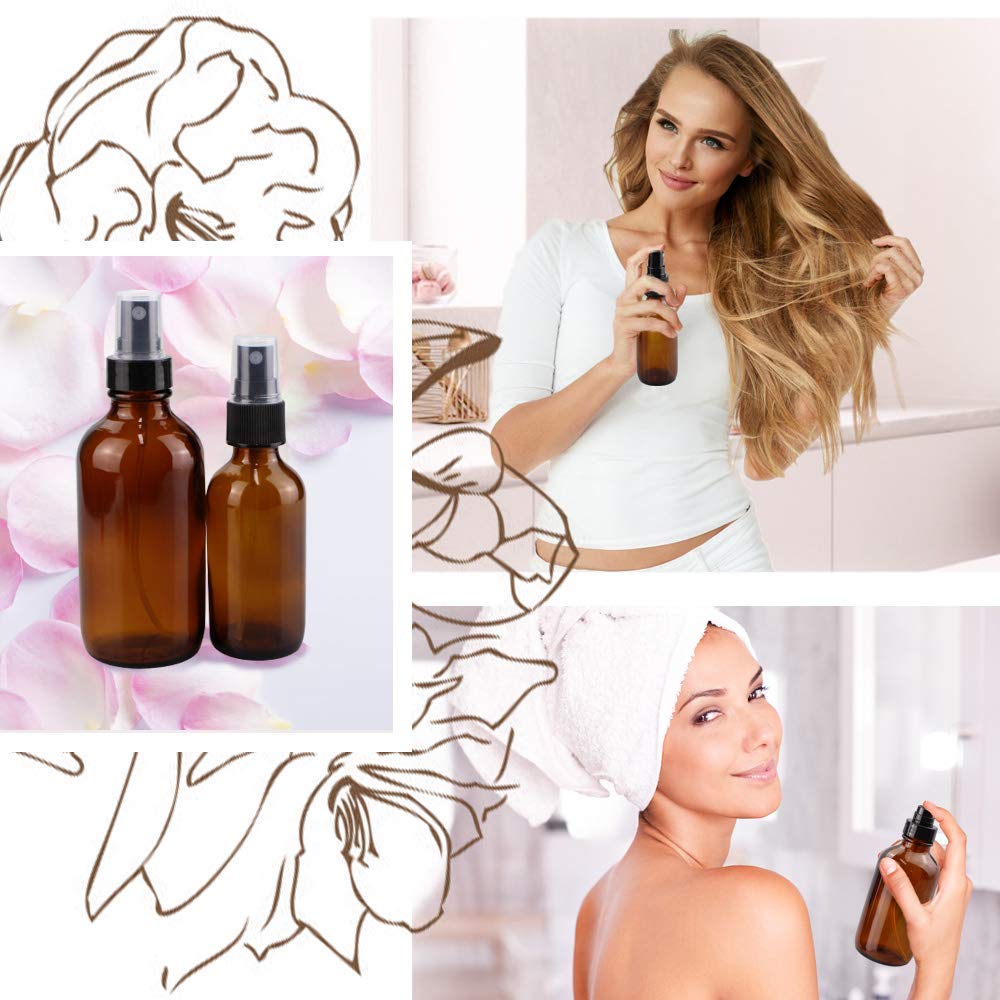 Glass Spray Bottle Kit×10 (2×16oz, 2×4oz, 6×2oz), 9×10ml Roller Bottles, Anti UV, Multi Size and Versatile, Suitable for Aromatherapy, Facial Moisturizing, Watering, etc.(Amber)
