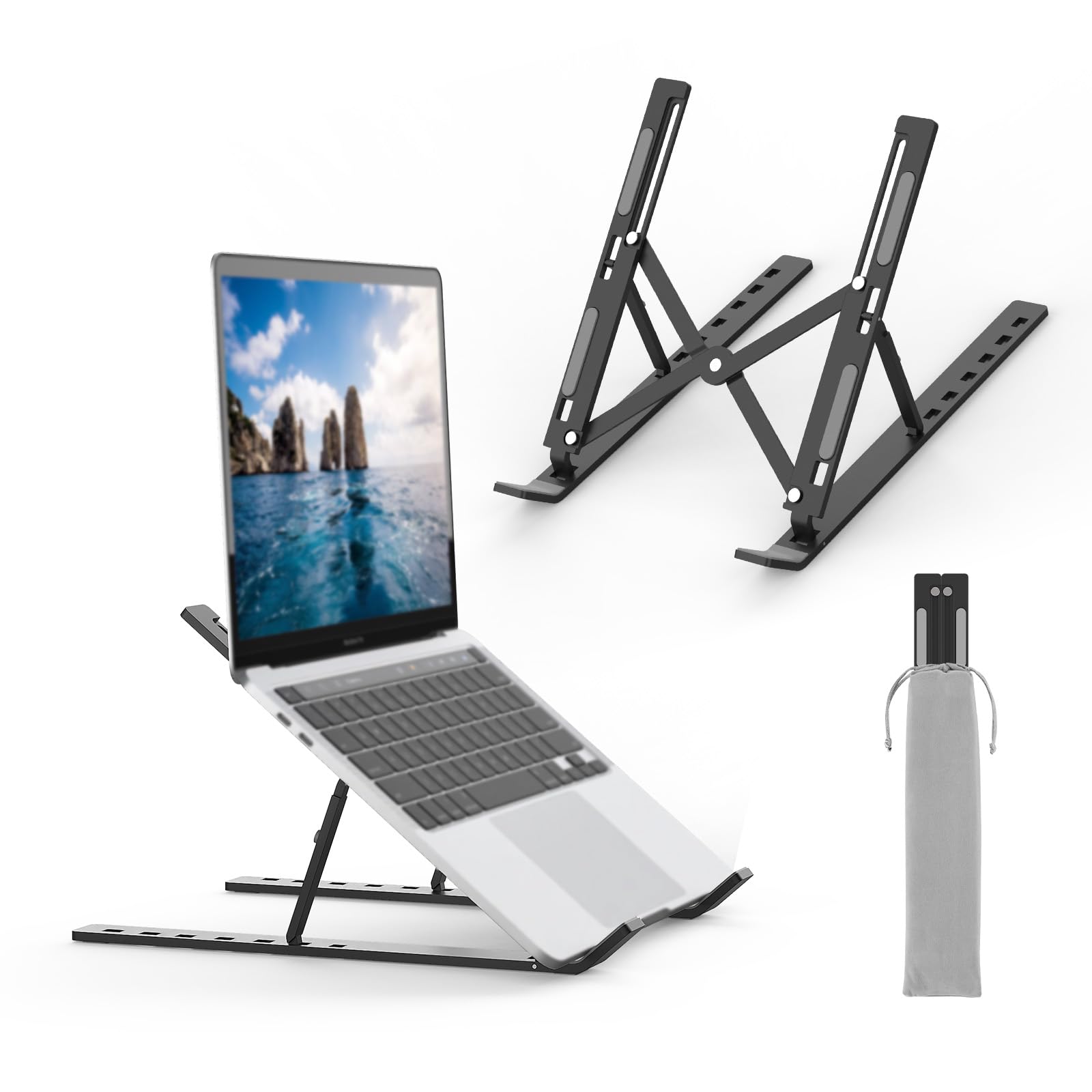 GRIFEMA GB1054B Black Laptop Stand for Desk, Adjustable Laptop Riser, Portable Laptop Stand with 7 Angle Adjustment for 10”-17.3” Laptops, Tablets