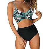 RUUHEE Women Criss Cross High Waisted String Floral Printed 2 Piece Bathing Suits