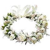 Vivivalue Wedding Floral Crown Rose Flower Headband Hair Wreath Floral Headpiece Halo Boho with Ribbon Party Prom Photos