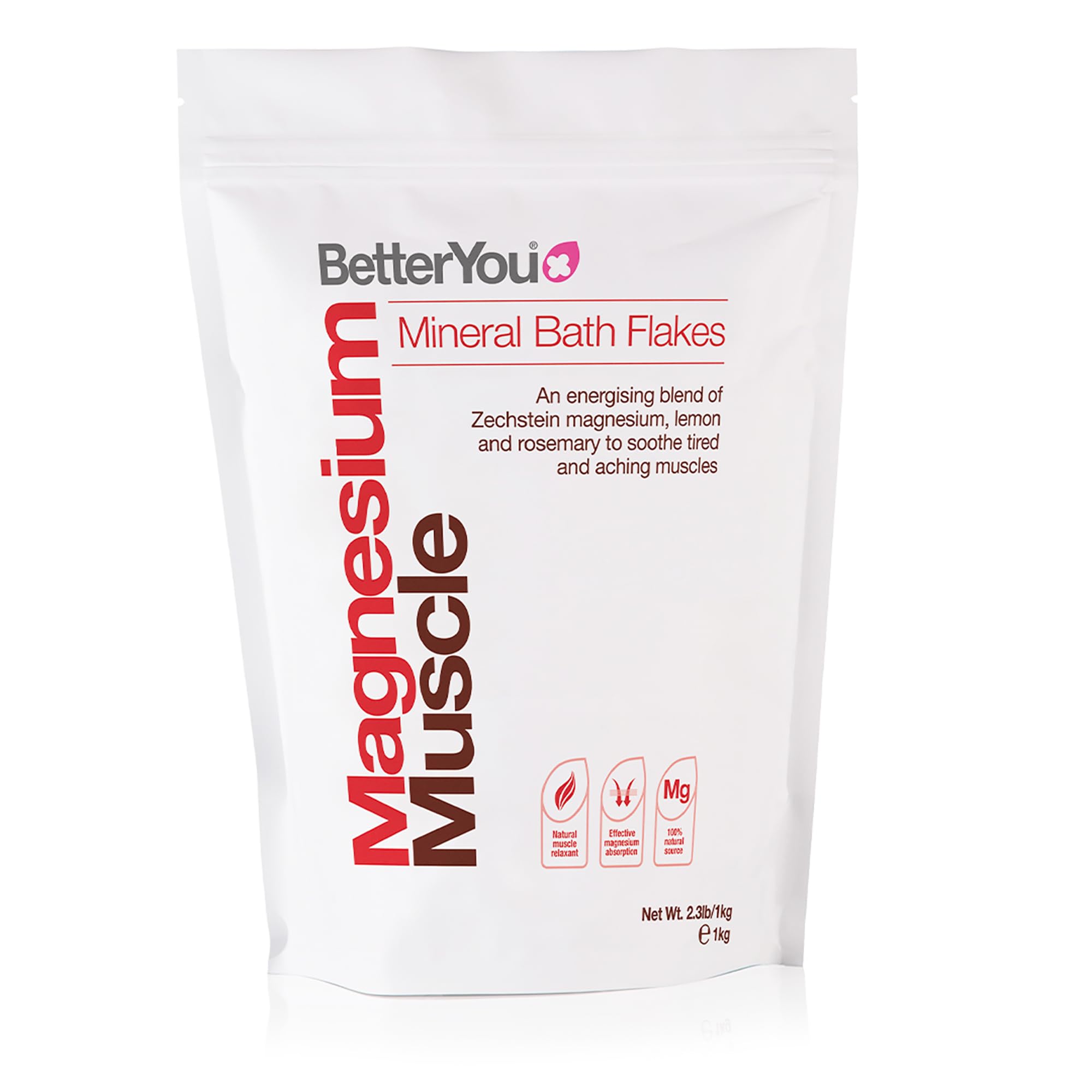 BetterYou Magnesium Muscle Mineral Bath Flakes, Natural Source Magnesium Chloride Bath Flakes to Sooth Aching Muscles, Sports Recovery Salts, Vegan & Palm-Oil Free, 1kg