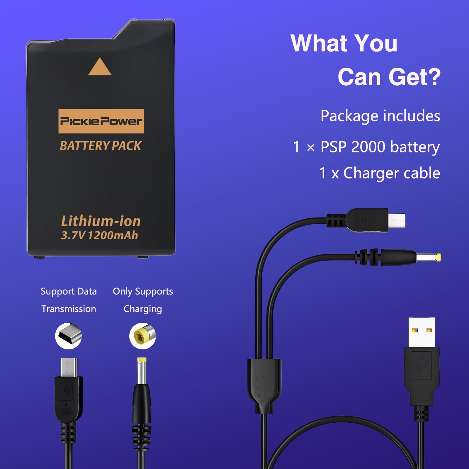 Pickle Power PSP 3000/2000 Battery with PSP Charger Cable for PSP 3000 / PSP Slim 2000 PSP-S110,PSP-3001, PSP-3000, PSP-3002, PSP-3004, PSP-2001, PSP Slim Console