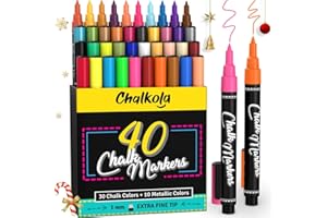 CHALKOLA Extra Fine Tip Chalk Markers - (1mm Tip, Pack of 40) Neon, Pastel & Metallic | Erasable Liquid Chalk Pens for Chalkboard, Blackboard, Window, Labels, Bistro, Glass - Wet Erase Markers Fine Point