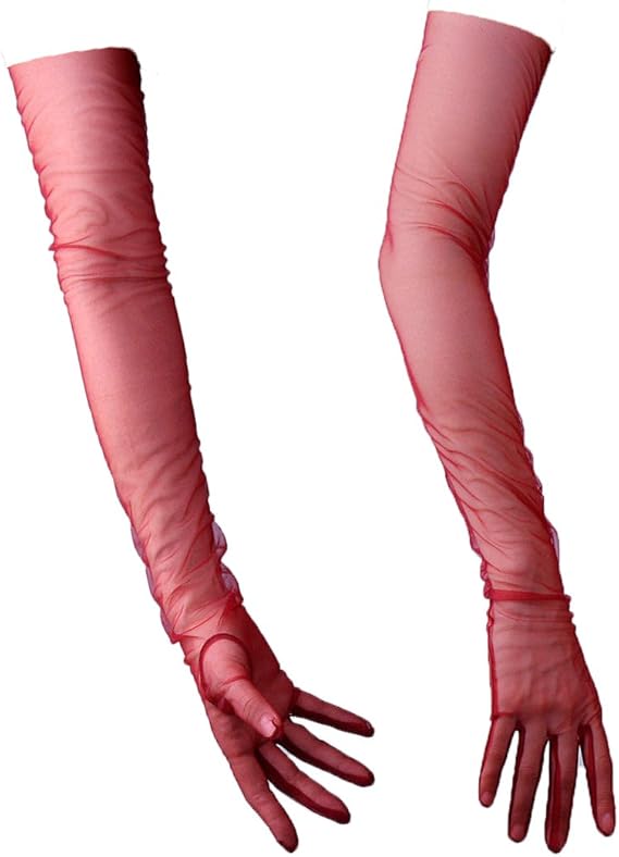 Women Tulle Long Gloves Lace Deep Red Red Semi Sheer TECH