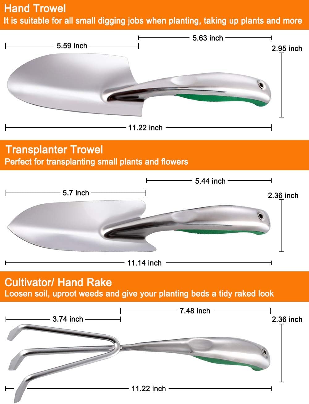 HOMY Garden Tool Set, Stainless Steel Heavy Duty Gardening Kit with Soft Rubberized Non-Slip Ergonomic Handle, 3 Piece Includes Hand Trowel, Transplant Trowel and Cultivator, Gardening Supplies Gifts : Garden & Outdoor