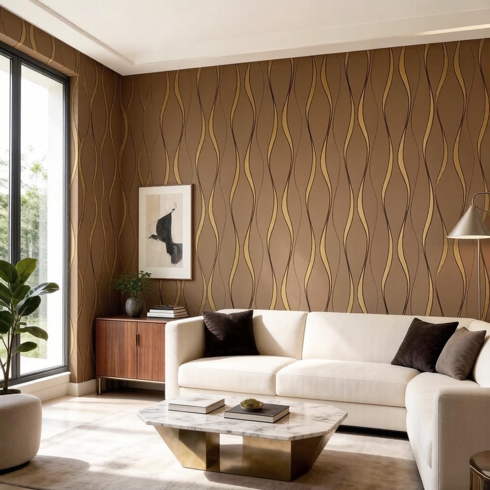 prior.choice 9.5X0.53M Modern Abstract Gloss Stripes Non-Woven Wallpaper Roll for Bedroom Livingroom 1.73' W x 31.2' L=5.035㎡ (54sq.ft) (Chocolate)