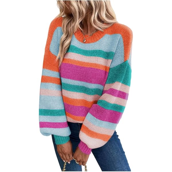 Women's Multicolor Striped Knit Drop Shoulder Puff Sleeve