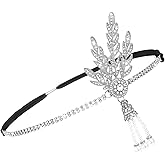 Yolev 1920's Flapper Headband Leaf Rhiestones Flapper Headpiece Pearl Tassel Head Bands Silver Headpiece Head Jewelry for Women Bride Wedding Parties Hair Headband Accessories